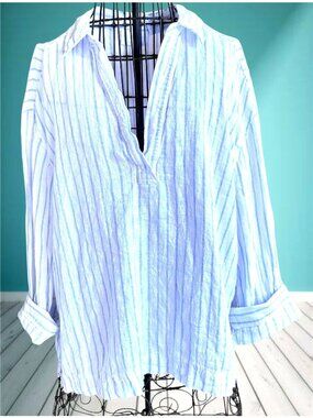 Martha Stewart Collection Linen Shirt Large Blue White Collared V Neck Cruise